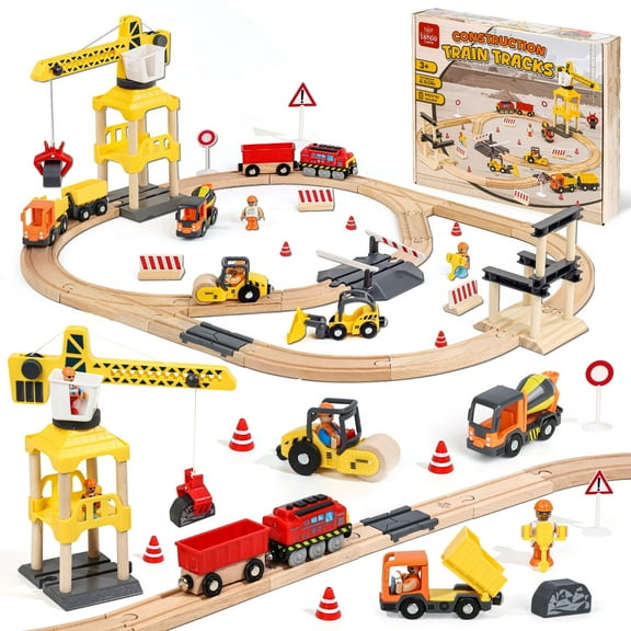 Train Set, 68 PCS Wooden Train Set for Kids, Train Toys for Toddlers, Construction Toys Train with Train Tracks for Kids 2 3 4 5+ Years Old, Great Gift for Boys Girls - Compatible with Other Brands