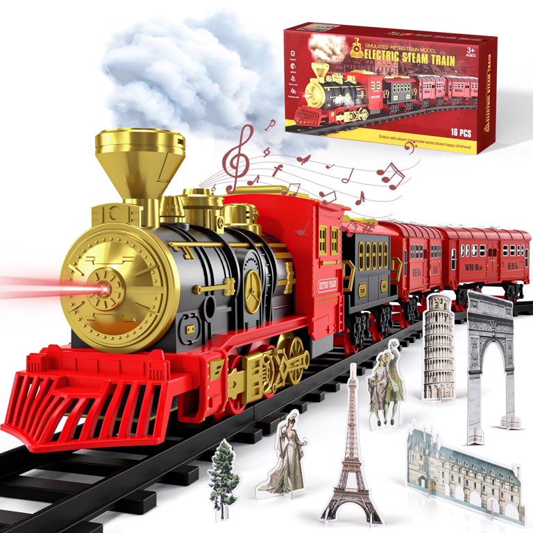 Electric Train Set With Smoke & Sound - Glowing Passenger Cars, Rechargeable Battery, Track Included