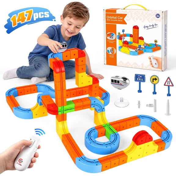 Train Set Flexible Race Track for Kids 4 6 7, Car Track for Toddlers, Building Toy Train Track Gravity-Defying 3D Embedded Layouts & Motorized Car, STEM Gift