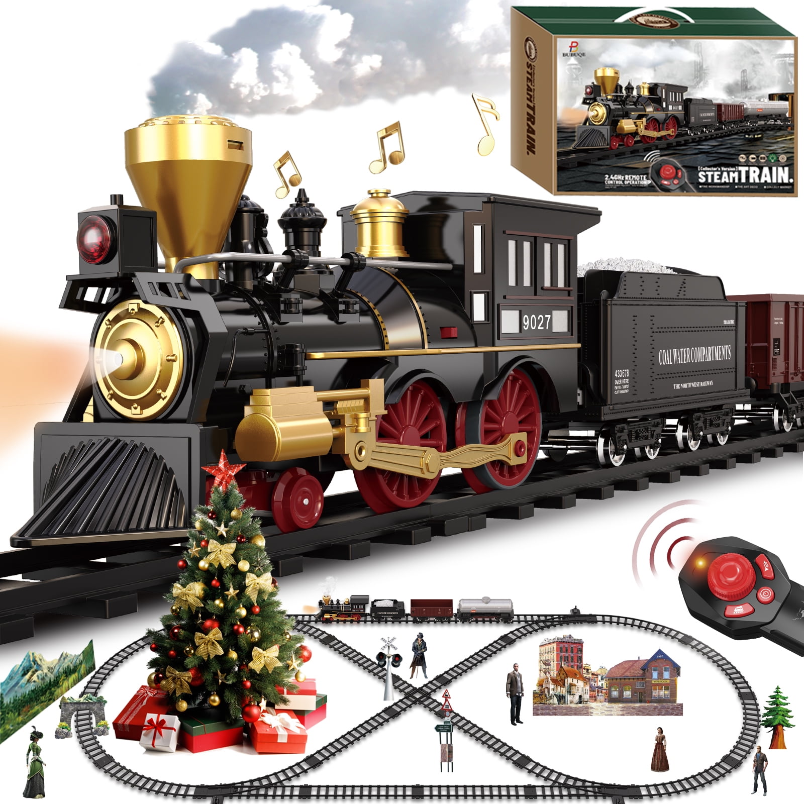 Remote Control Black and Gold Steam Train Set with Tracks