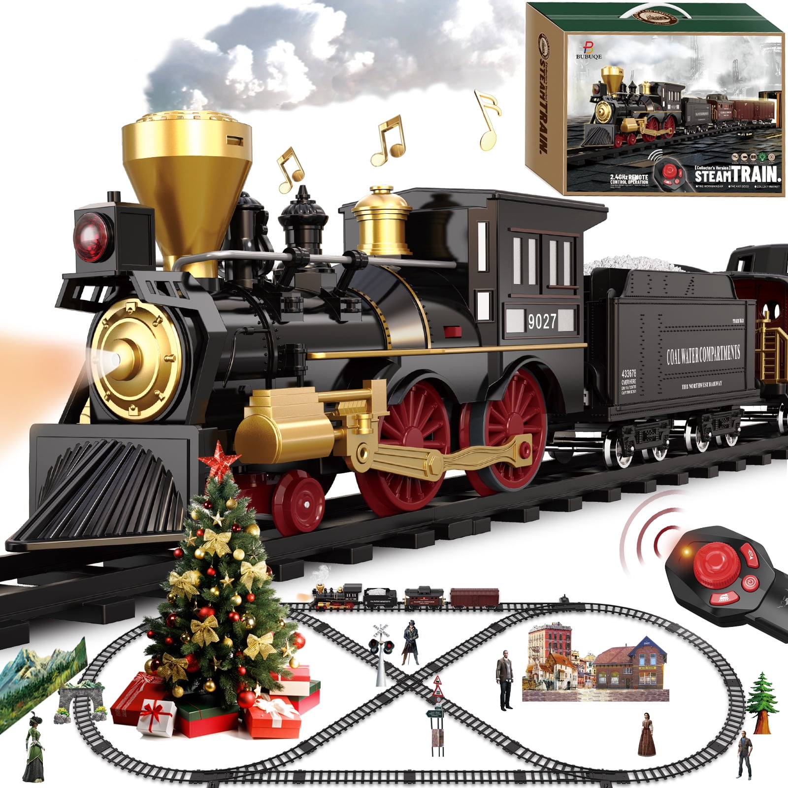 Remote Control Black and Gold Steam Train Set with Tracks