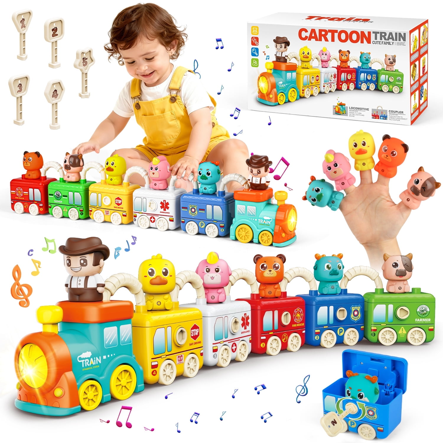 Hot Bee Montessori Train Toy with Lights & Music, 5-in-1 Vehicle Set w/ Keys, Numbers & Shapes Matching, Finger Puppet Animals&Stackable Cars, Educational Toy Christmas Train Gift for Toddlers 2-5