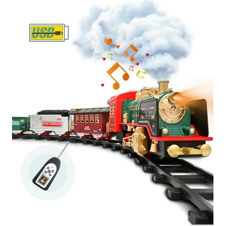Train Set Toy, RC Train Set Locomotive W/ Smoke, Lights, Sounds Railway , Rechargeable Remote Electric Train Toy Birthday Gift Toys for Age 3 4 5 6 + Kids