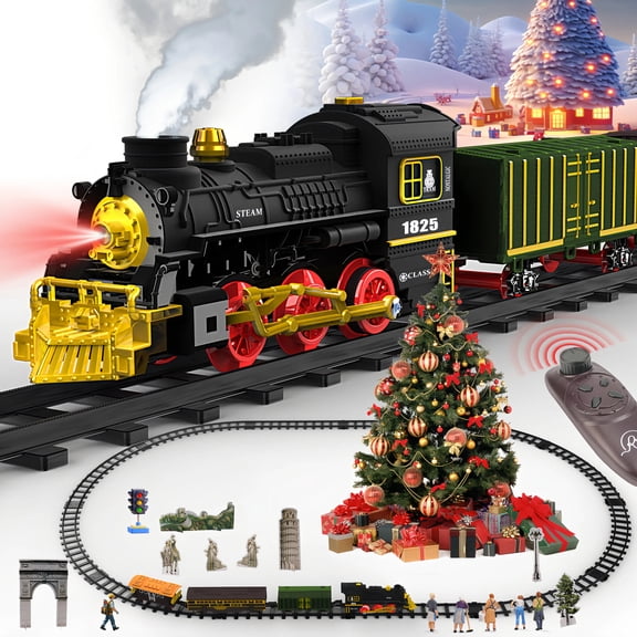 Train Set Toy with Remote Control, Electric Toy Train with Smoke, Lights & Sound, Rechargeable Steam Locomotive Engine Train Toy for 3 4 5 6 7 8+ Years Old Kids, Christmas Birthday Gift