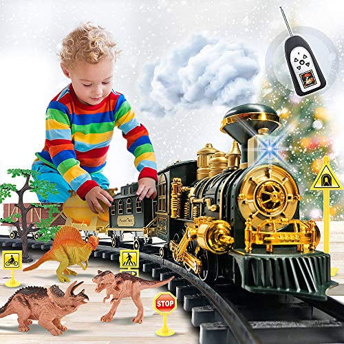 Train Set Toy with Remote - Upgraded Large Size Electric Train Toy Set with Dinosaurs, Battery-Powered Steam Locomotive Engine, Cargo Cars & Tracks, Gift Toys for Age 3 4 5 6 7 8+ Kids, Asso
