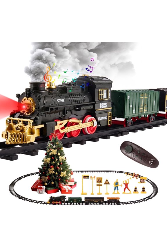 Electric Train Set, Remote Control Train Toy with Smoke, Light & Sound, Toy Train Set for Under Christmas Tree for Boys Girls
