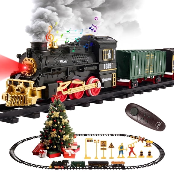 Electric Train Set, Remote Control Train Toy with Smoke, Light & Sound, Toy Train Set for Under Christmas Tree for Boys Girls