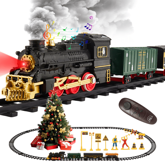 Electric Train Set, Remote Control Train Toy with Smoke, Light & Sound, Toy Train Set for Under Christmas Tree for Boys Girls