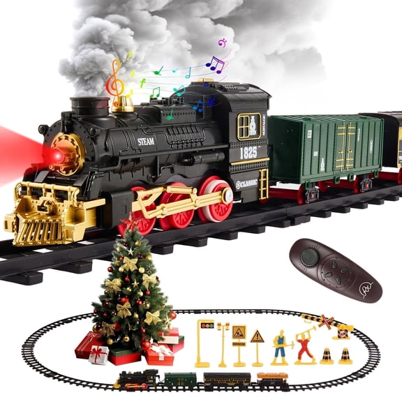 Electric Train Set, Remote Control Train Toy with Smoke, Light & Sound, Toy Train Set for Under Christmas Tree for Boys Girls