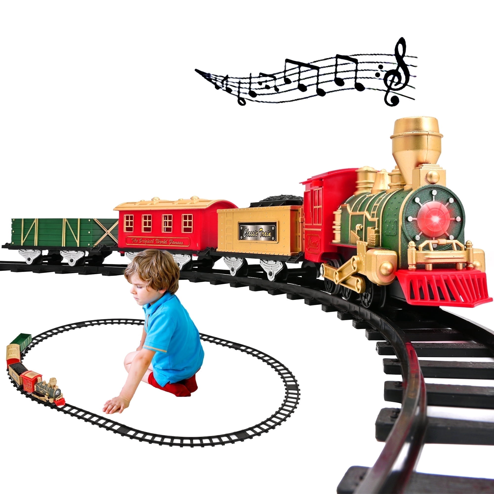 Train Set Toys- Electric Train Toy for Boys W/ Lights & Sound, Railway, Locomotive Engine, Cargo Cars, 3 Cars &10 Tracks, for 3-8