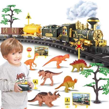 Train Set, Updated Large Remote Control Electric Train Toy for Boys Girls w/ Smokes, Lights & Sound, Railway Kits w/ Steam Locomotive Engine, Cargo Cars & Tracks, for 3 4 5 6 7 8+ Year Old Kids…