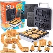 Train Set Waffle Maker - Build Waffle or Pancake Shaped Tracks, Cargo Cars, Signs, Station & More- Breakfast for adults, Electric Non Stick Waffler Iron w 4 Removable, Dishwasher Safe Plates