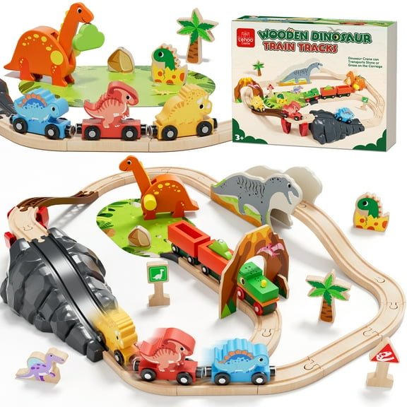 Train Set, Wooden Train Set for Kids, Train Toys for Toddlers, Toy Train with Train Tracks, Wooden Dinosaur Toys for Kids 2 3 4 5+ Years Old, Great Gift for Boys Girls - Compatible with Other Brands