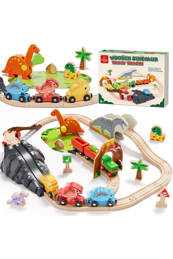 Train Set, Wooden Train Set for Kids, Train Toys for Toddlers, Toy Train with Train Tracks, Wooden Dinosaur Toys for Kids 2 3 4 5+ Years Old, Great Gift for Boys Girls - Compatible with Other Brands
