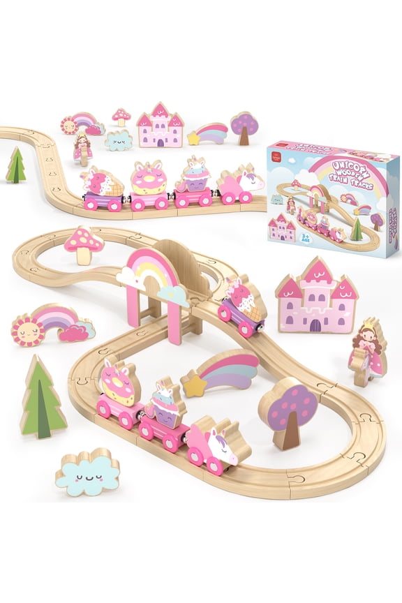 Train Set, Wooden Train Set for Kids, Train Toys for Toddlers, Toy Train with Train Tracks, Wooden Unicorn Toys for Kids 2 3 4 5+ Years Old, Great Gift for Boys Girls - Compatible with Other Brands