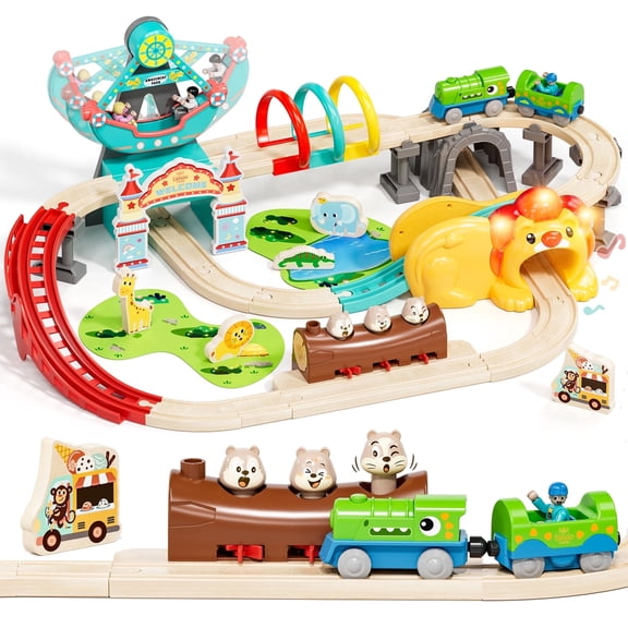 Train Set, Wooden Train Set for Kids, Train Toys for Toddlers, Wooden Train Tracks for Kids 2 3 4 5+ Years Old, Amusement Park Theme A, Great Gift for Boys Girls - Compatible with Other Brands