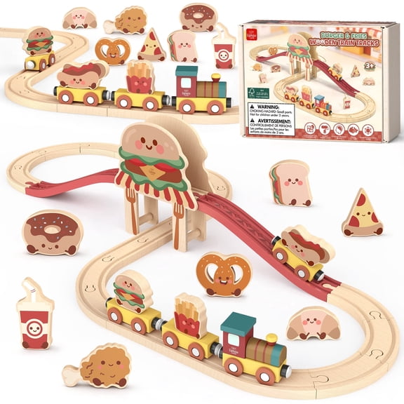 Train Set, Wooden Train Set for Kids, Train Toys for Toddlers, Wooden Train Tracks for Kids 2 3 4 5+ Years Old, Hamburger Pizza Theme, Great Gift for Boys Girls - Compatible with Other Brands