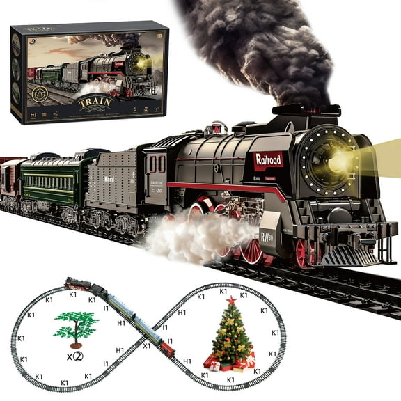 Train Set for Kids, Train Set for Christmas Tree,Remote Control Electric Trains Toy w/Smokes, Lights & Sound, Railway Kits w/Steam Locomotive Engine