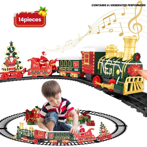 Train Sets-Electric Train Set for Boys, Christmas Train for Around The Tree with Light&Sound,Carriage&Train Track, Battery Operated Train Toys for Toddlers Kids 4-7