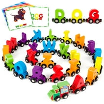 Train Sets Toys, Vanmor 27PCS Magnetic Wood Alphabet Train Sets ABC Letter Learning Toy Trains with 42 PCS Flash Cards, 1 Engine, 1 Storage Bag Kids Boys Girls Educational Toys for 3 4 5 6 7 Years Old