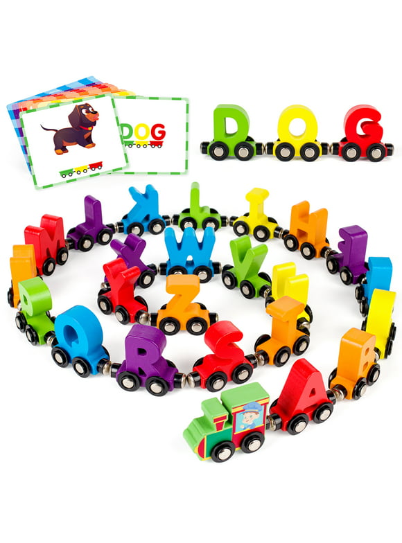 Train Sets Toys, Vanmor 27PCS Magnetic Wood Alphabet Train Sets ABC Letter Learning Toy Trains with 42 PCS Flash Cards, 1 Engine, 1 Storage Bag Kids Boys Girls Educational Toys for 3 4 5 6 7 Years Old