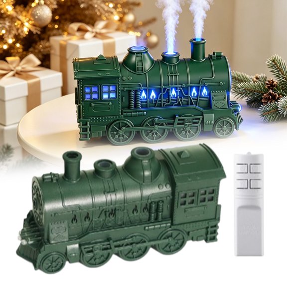 Train-Shaped Essential Oil Diffuser, 300ml Mist Humidifier, Flame Effect Night Light, Remote Control Steam Train Vaporizer, Auto-Shutoff Aromatherapy Device, Christmas Tabletop Decor for Desk