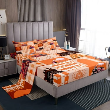 Train Sheet Set For Kids Toddler Cartoon Train Bus Bed Sheets Set Vintage Style Orange And Pink Steam Engine Bedding Sets, Cute Banner Train Transportation Sheets Geometry Lattice Bed Set Twin