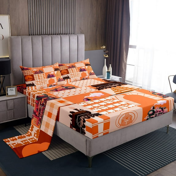 Train Sheet Set For Kids Toddler Cartoon Train Bus Bed Sheets Set Vintage Style Orange And Pink Steam Engine Bedding Sets, Cute Banner Train Transportation Sheets Geometry Lattice Bed Set Queen