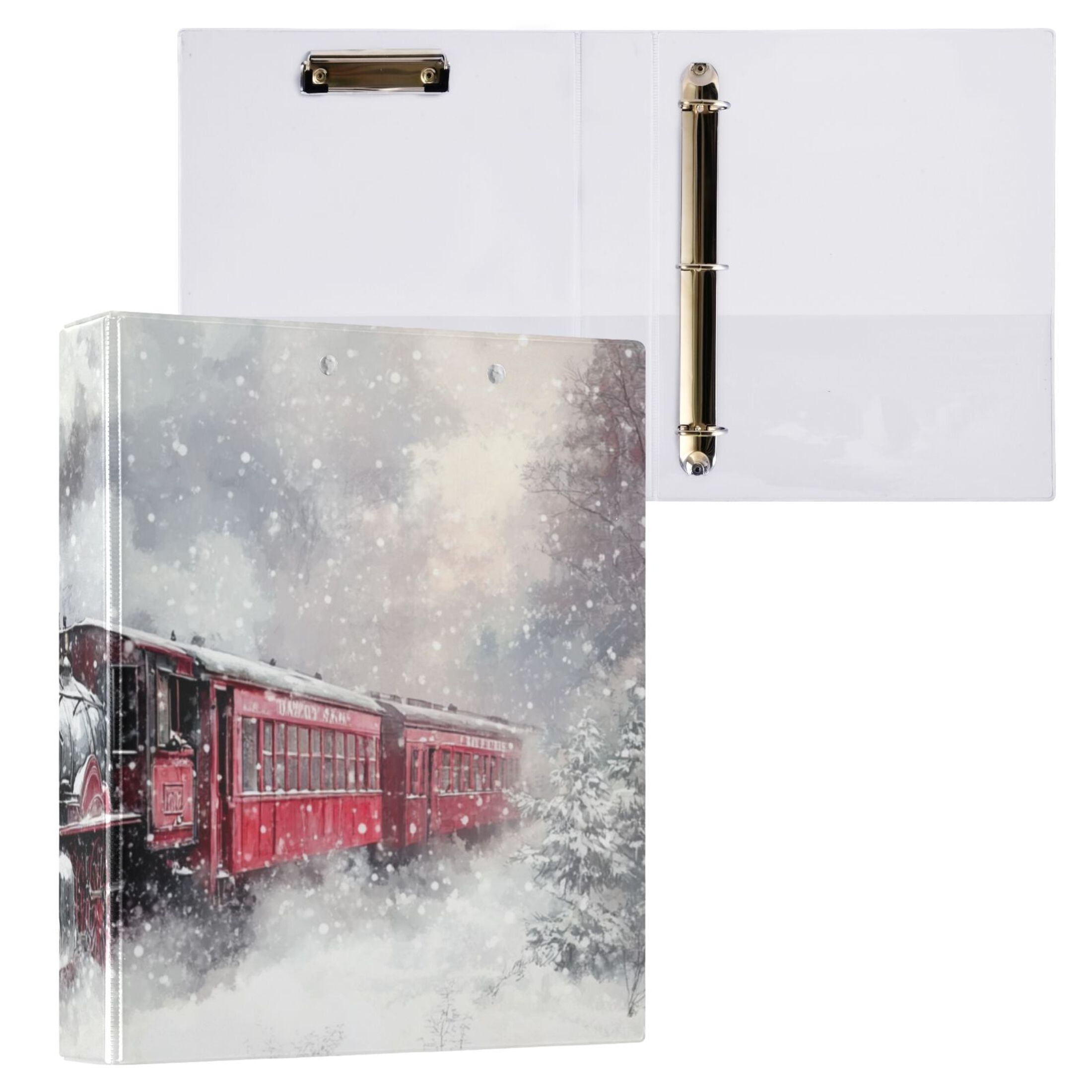 Train Snow 3 Ring Binders 1.5 inch Hardcover File Folders with Interior Pockets A4 Size Organizer for School Office Hospital