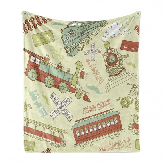 Train Soft Flannel Fleece Blanket, Vintage Doodle Composition About Trains Choo Choo All Board Railroad Crossing Wording, Cozy Plush for Indoor and Outdoor Use, 50" x 70", Multicolor, by Ambesonne