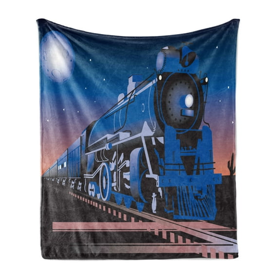Train Soft Flannel Fleece Throw Blanket, Old Fashion Vehicle Coming from Horizon in Twilight Full Moon and Stars Graphic, Cozy Plush for Indoor and Outdoor Use, 50" x 70", Multicolor, by Ambesonne