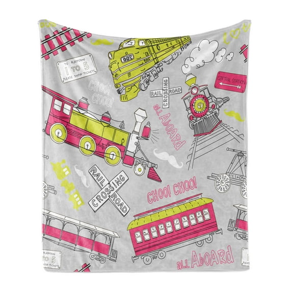 Train Soft Flannel Fleece Throw Blanket, Railway Station Composition Artwork in Energetic Colors, Cozy Plush for Indoor and Outdoor Use, 60" x 80", Yellow Green Hot Pink, by Ambesonne