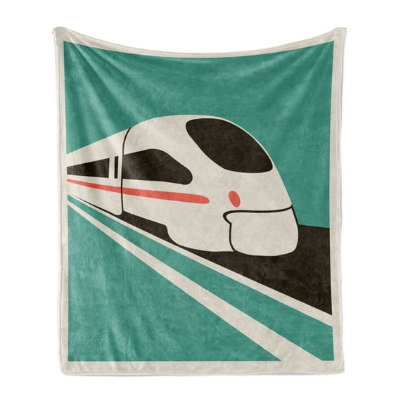 Train Soft Flannel Fleece Throw Blanket, Retro Design Poster Like Graphic with Modern Vehicle, Cozy Plush for Indoor and Outdoor Use, 50" x 60", Sea Green Eggshell, by Ambesonne