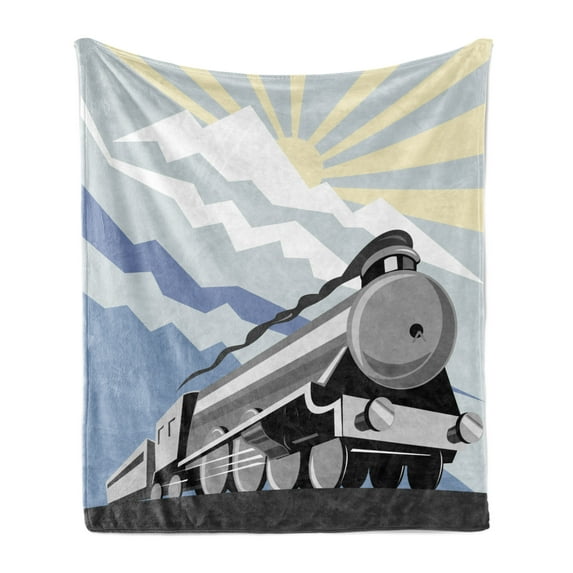 Train Soft Flannel Fleece Throw Blanket, Retro Style Illustration of Old Fashioned Vaporous Vaporous with Sun and Mountains, Cozy Plush for Indoor and Outdoor Use, 50" x 60", Multicolor, by Ambesonne