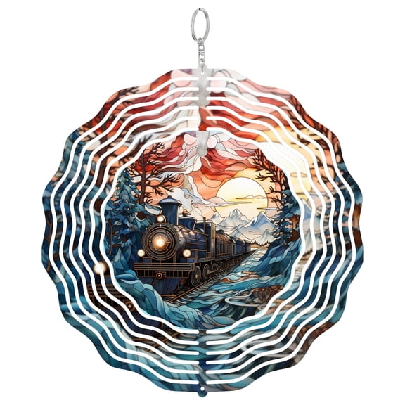 Train Stained Glass Style Art 3D Wind Spinner Stainless Steel Kinetic Art Holiday Home Decor 10 Inch