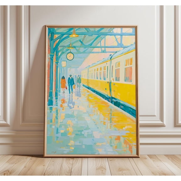 Train Station Rainy Day Platform Yellow Train Car Travel Wall Art, Unframed Poster