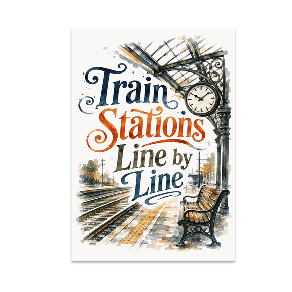 Train Stations Line by Line Wall Art - Train Station Enthusiast - 13x19 Poster Print