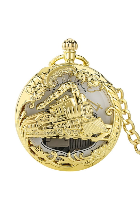 Train Steampunk Pocket Watch, Quartz Musical Movement Pocket Watch Music Box Fob Watch with Chain