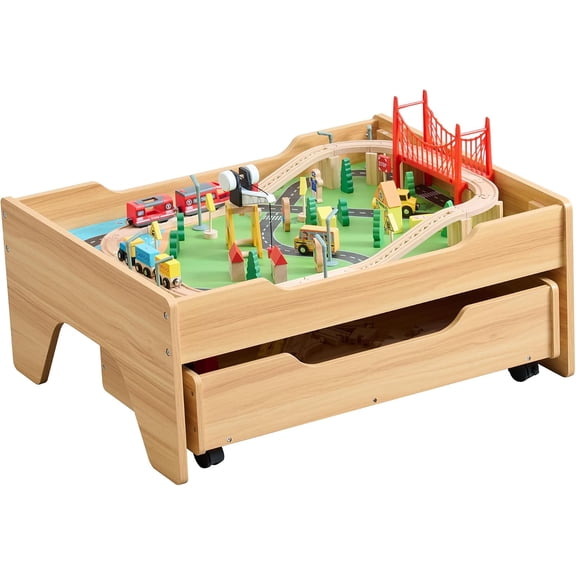 Train Table, 3-in-1 Wooden Kids Train Table with Storage Drawer, Rolling Kids Activity Table with Wheels, Toddler Train Track Table DIY Design for Gaming, Drawing, Building