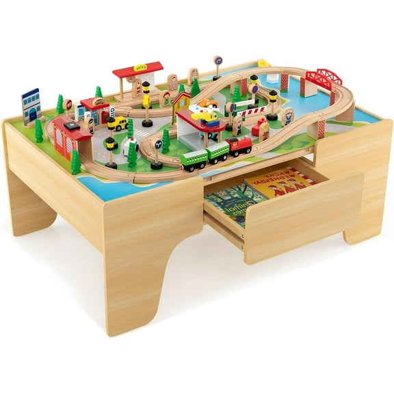 Train Table, 3-in-1 Wooden Train Set Table w/Reversible 84 PCS Track Train Toys, Table Map & Storage Drawer for Building, Playing, Studying, Kids Activity Table for Toddlers Aged 18 M+