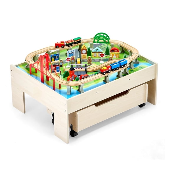 Train Table for Kids, 100 Piece Wooden Train Set with Storage, 3-in-1 Activity Table for Play, Learning, Drawing Ages 3+