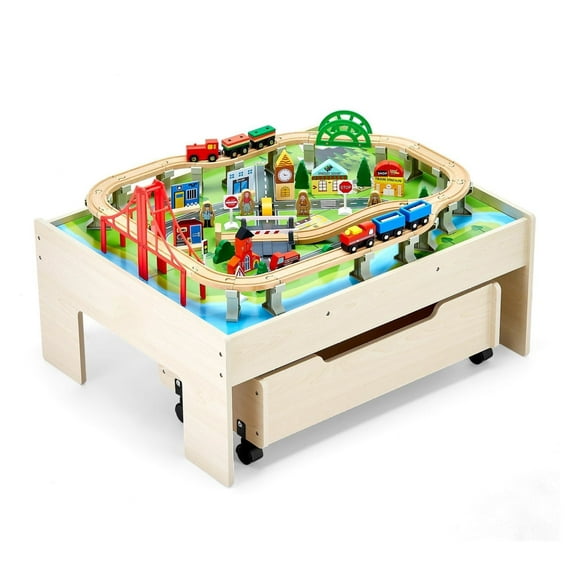 Train Table for Kids, 100 Piece Wooden Train Set with Storage Drawer, 3-in-1 Activity Table for Gaming, Drawing, Ages 3+