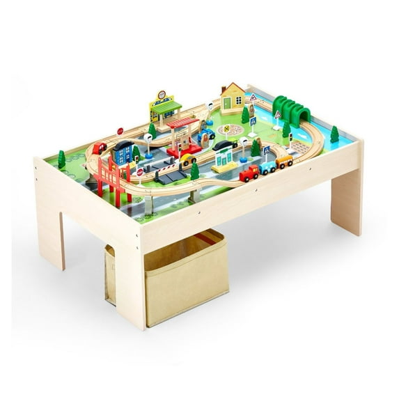 Train Table for Kids, 84 Piece Wooden Train Set with Storage Bin, 3-in-1 Activity Table for Gaming, Drawing & Learning - Ages 3+