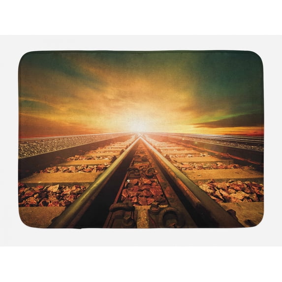 Train Track Bath Mat, Perspective Photography of Junction of Railways with Dramatic Sky, Plush Bathroom Decor Mat with Non Slip Backing, 29.5" X 17.5", Multicolor, by Ambesonne