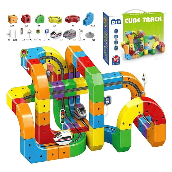 Train Track Fusion 123PCS Set – 3D Infinity Routes, DIY Cubes, Motorized Train & Signs, STEM Toy for Kids 3-8, Holiday Gift