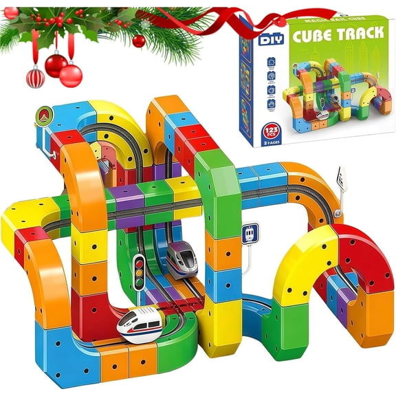Train Track Fusion Set, 2026 51/81/123Pcs 3D Infinity Train Routes with Mix-and-Match Cubes, Funny DIY Race Car Track Building Kits with Moving Train and Traffic Signs for Boys Girls (81pcs)