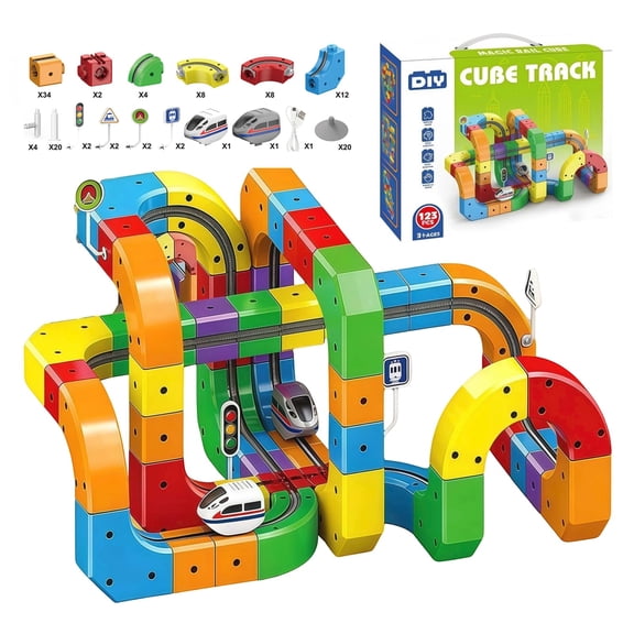 Train Track Fusion Set, 2026 New 3D Infinity Train Routes with Mix-and-Match Cubes, DIY Race Car Tracks Building Kits, Creative Track Building Set with Moving Train (123 Pcs)