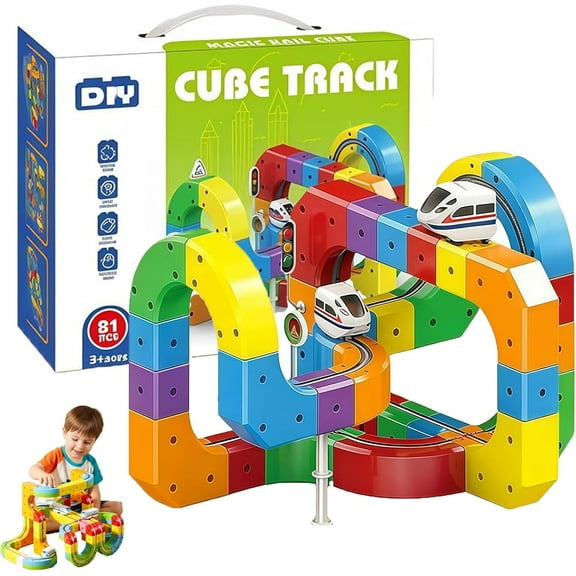 Train Track Fusion Set, 2026 New Flexible 3D Magnetic Tracks Car Toys,Mix-and-Match Cubes, DIY Race Cars Tracks Building Kits (81 Pcs)