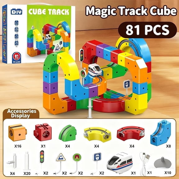 Train Track Fusion Set, 51/81/123 Piece 3D Train Track Building Blocks with Moving Train - Mix-and-Match Cubes & Tracks