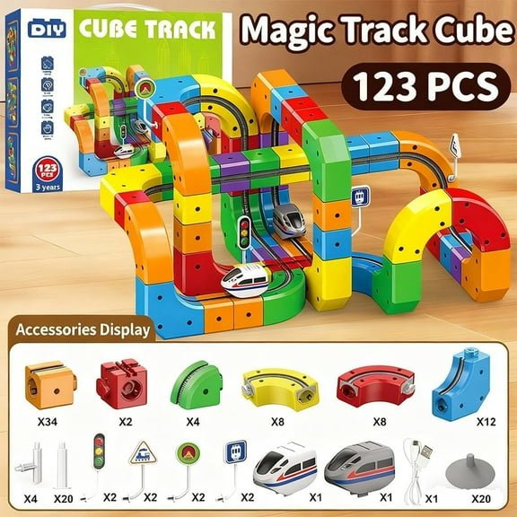 Train Track Fusion Set, 51/81/123 Piece 3D Train Track with Moving Train - Mix-and-Match Cubes & Tracks (123 pcs)